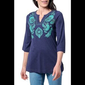 Bellisima by Kim Gravel Women's SlubKnit Artisan Embroidered Top Navy - Petite